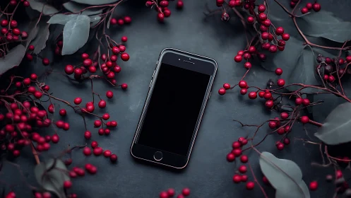 Smartphone centered on dark surface surrounded by crimson rowan berries