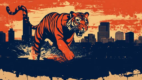 Vector tiger charge overlays grunge skyline with tri-tone palette