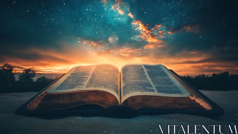 Open illuminated Bible under celestial sunset sky glows softly