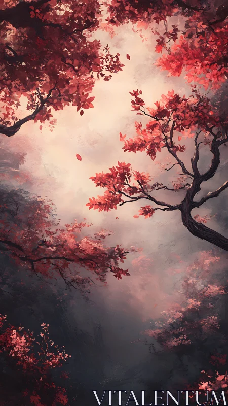 Vertical view of red-leaf forest canopy in diffused light.