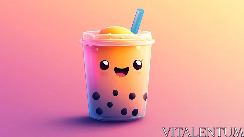 Cute cartoon bubble tea cup with smiling face design.