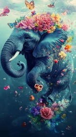 Surreal elephant drifts underwater in a bloom of flowers