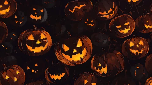 Glowing carved jack-o&rsquo;-lantern cluster with ominous grins.