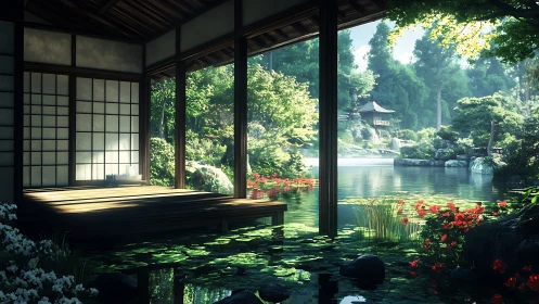 Japanese lakeside pavilion overlooks tranquil garden pond