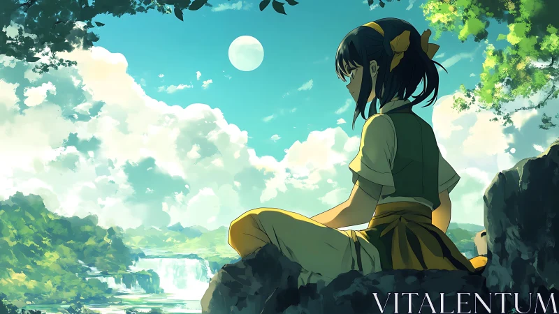 Girl contemplates a tranquil waterfall under a bright sky