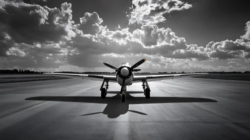 Propeller aircraft casts long runway shadow under dramatic clouds