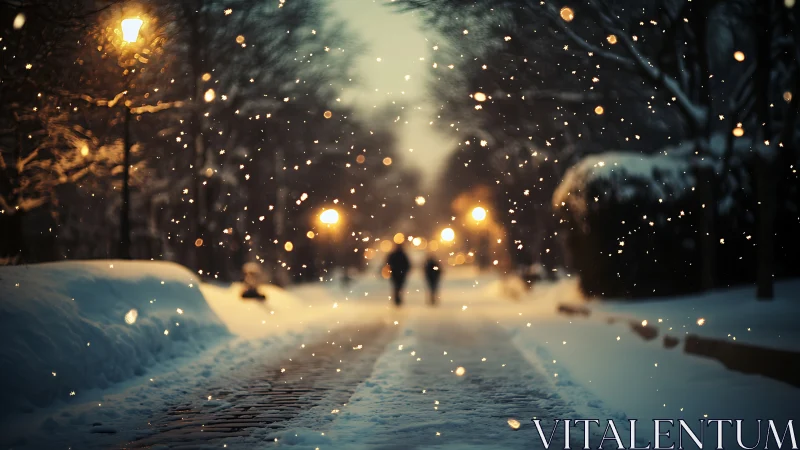 Soft winter stroll beneath glowing lamps and drifting snow.