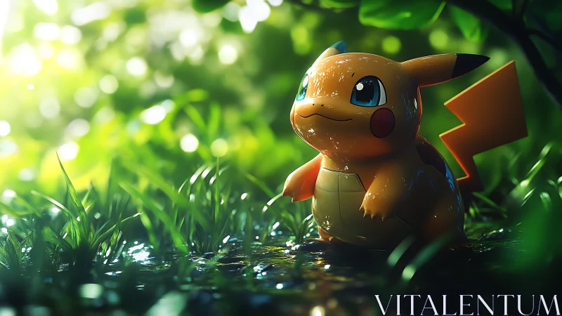 Digital render of Pikachu figure in wet forest clearing.