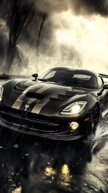 Rain-soaked black supercar sprinting through stormy highway