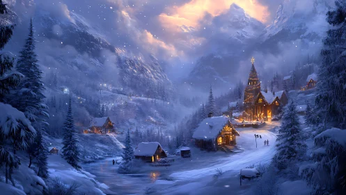 Snowy alpine village glows with warm festive winter lights