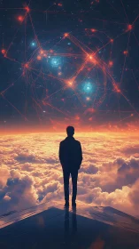 Solitary figure surveys nebular network above cloud horizon.