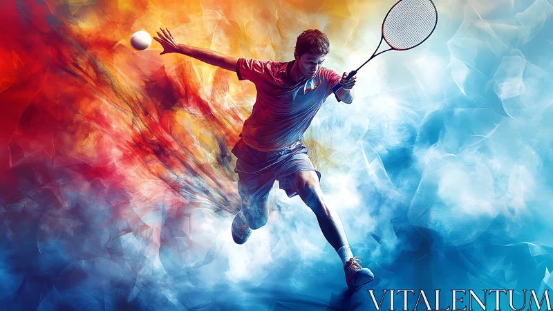Dynamic tennis player leaps through fiery blue energy.