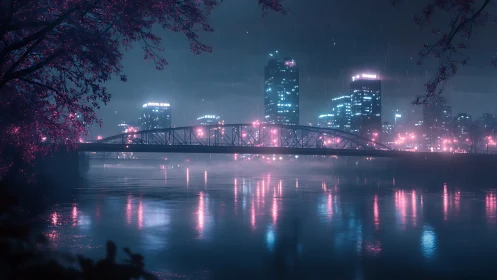 Neon city bridge over river under rain at midnight.