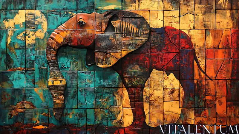 Color-block elephant mural on textured abstract grid wall.