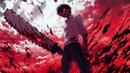Blood-red storm crowns relentless chainsaw warrior.