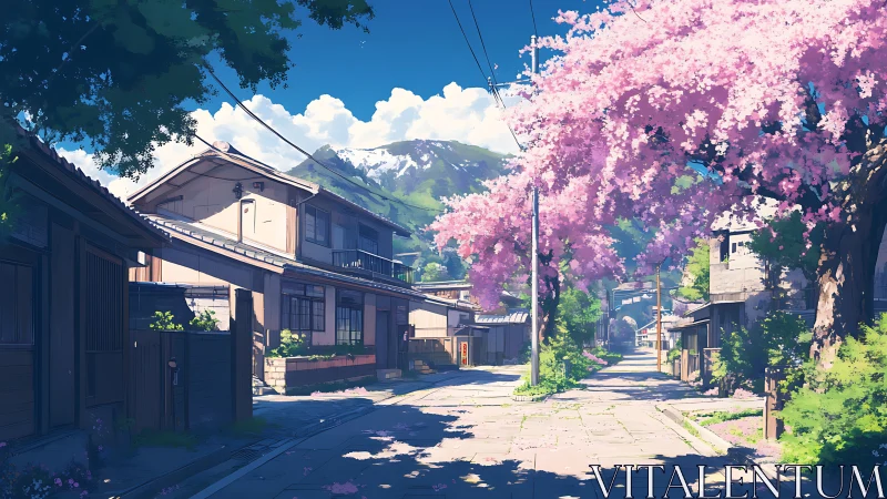 Quiet Japanese street under blooming cherry blossoms at noon