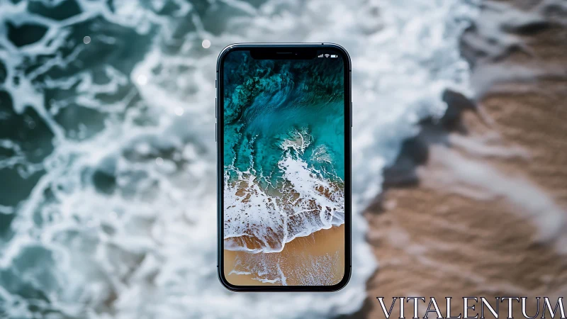Photorealistic smartphone levitation over dynamic shoreline.