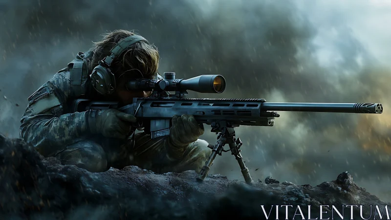 Tactical Sniper Positioned in Stormy Mountain Combat Zone