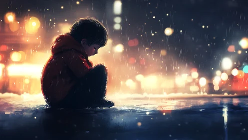 Solitary child in rain against neon city bokeh glow.