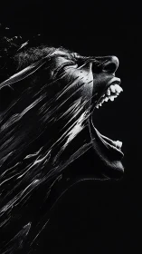 Monochrome kinetic scream portrait with fluid fragmentation.