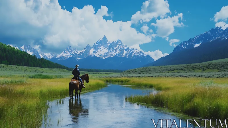 Rider on horseback crosses shallow stream before alpine range