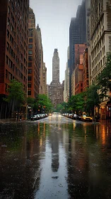 Rain-soaked avenue mirroring a lone art deco skyscraper.