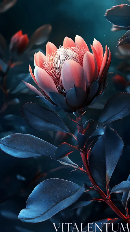 Protea flower with blue-toned foliage in low-key light.