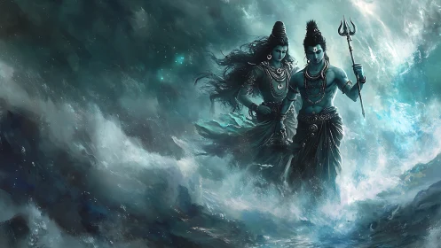 Mythic blue deities stride through storm-forged ocean.