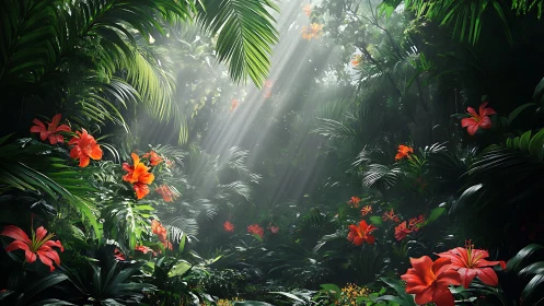 Sunlit tropical jungle glade with vivid red lilies in bloom