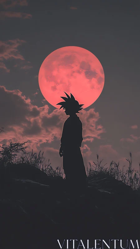 Silhouetted figure before large red full moon at dusk.