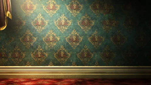 Vintage patterned wall glowing with soft golden light.