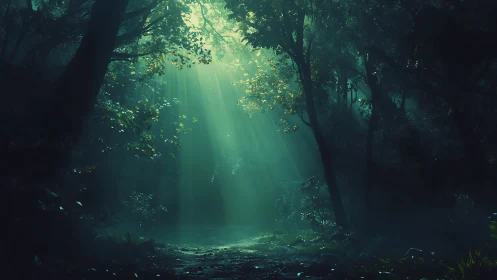 Forest clearing bathed in ethereal light rays through dense canopy.