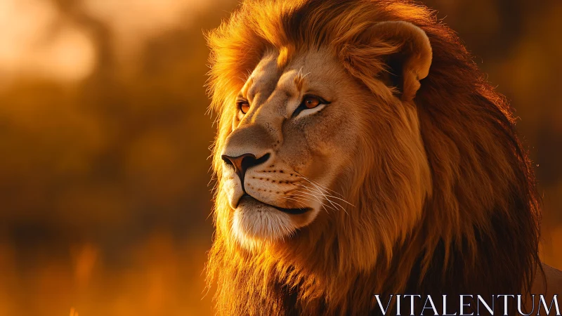 Majestic lion gazes across sunlit savanna at golden hour.