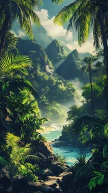 Dense tropical valley with river, cliffs, and palm canopy.