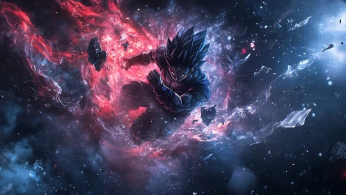 Cosmic anime warrior charging through shattered nebula storm.