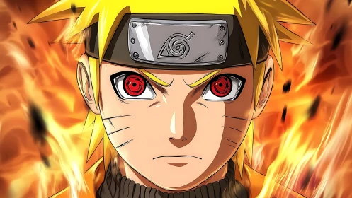 Blond ninja warrior with red eyes amid blazing chakra flame.