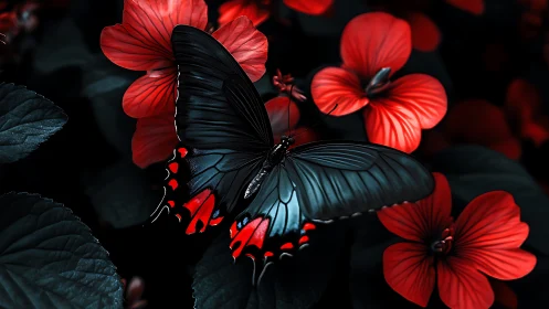 Crimson-winged butterfly poised on luminous scarlet blooms.
