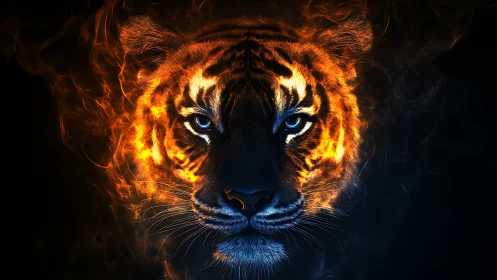 Symmetrical tiger portrait with fire and smoke effects.