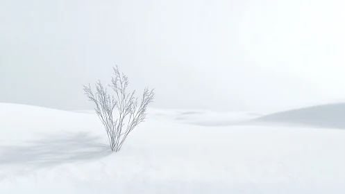 Solitary Shrub in Minimalist Snow Landscape, Serene Winter Scene.