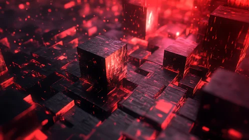 Red illuminated cubic structures form layered geometric grid