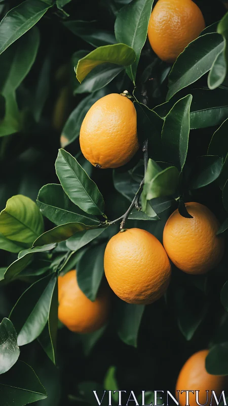Ripe oranges clustered on dark green citrus foliage.