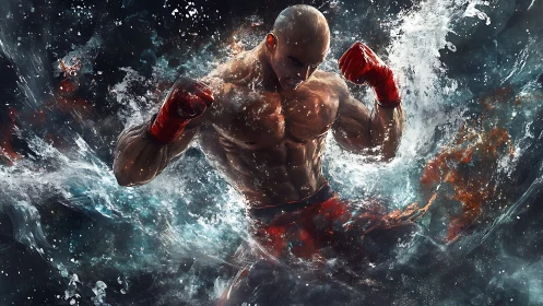 Powerful boxer in dynamic splash of water and light.