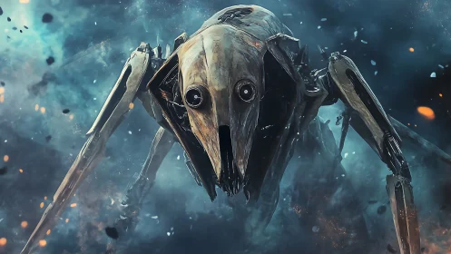 War-scarred spider mech advances through burning smoke clouds