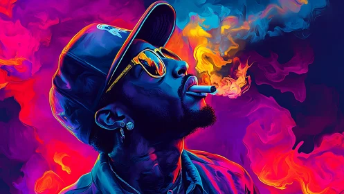 Profile portrait of smoking man in neon vapor clouds.