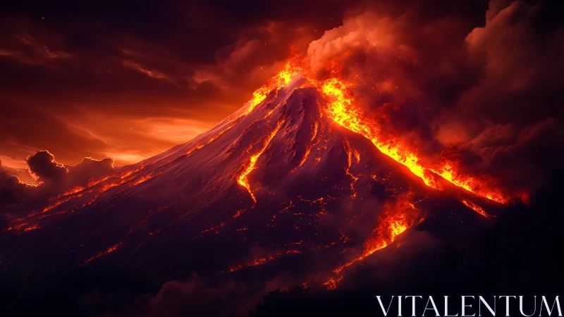Erupting volcano spews molten lava and flames into darkened sky