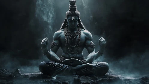 Digital painting of meditative deity in chiaroscuro cavern.