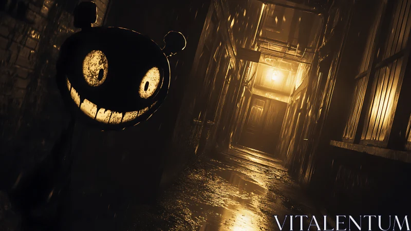 Grinning shadow spirit stalks a rainlit sepia alleyway.