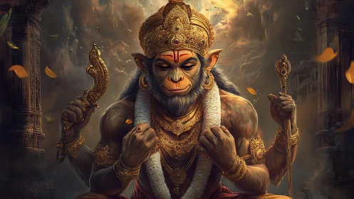 Divine warrior monkey deity in ornate golden armor.