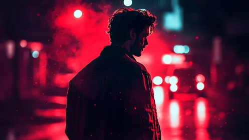 Silhouetted male figure stands in red lit urban street scene