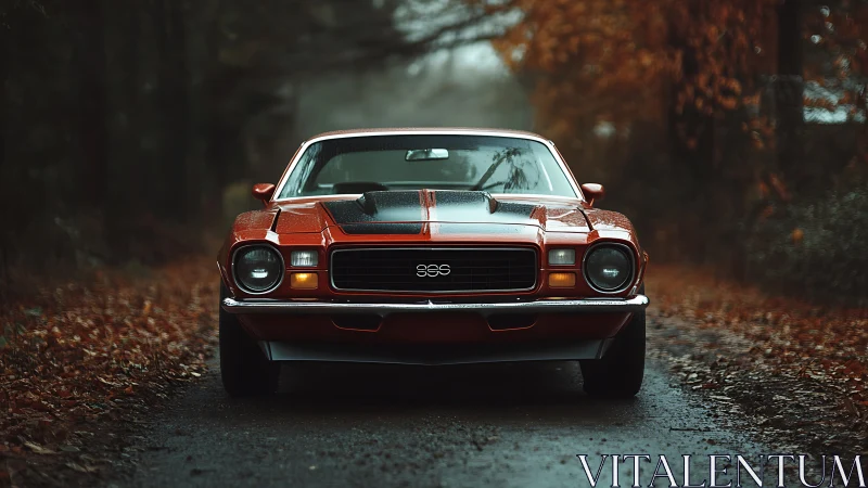 Classic red muscle car on wet forest lane at dusk.